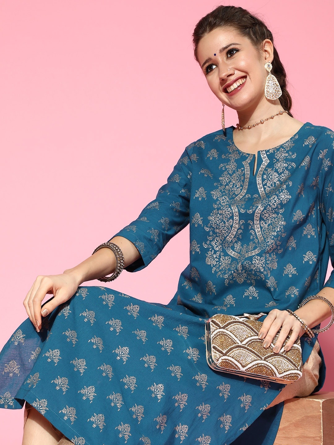 

HERE&NOW Women Teal Blue & Silver-Toned Cotton Ethnic Motifs Printed Kurta