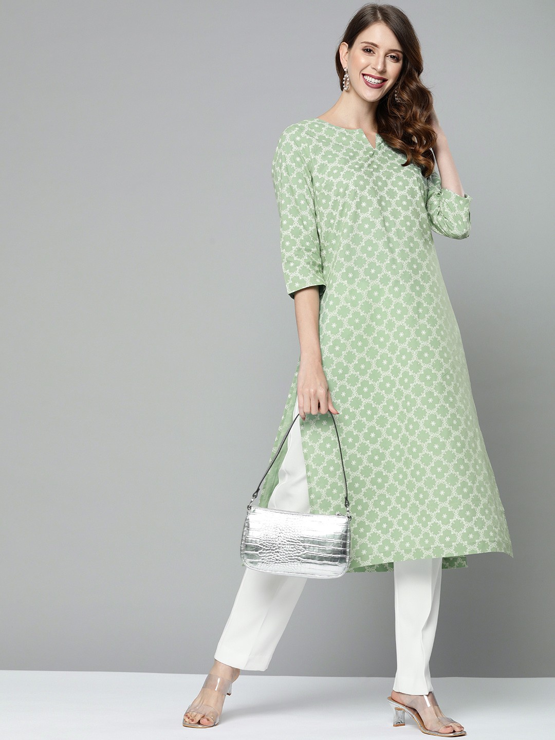 

HERE&NOW Women Green & White Ethnic Motifs Printed Kurta