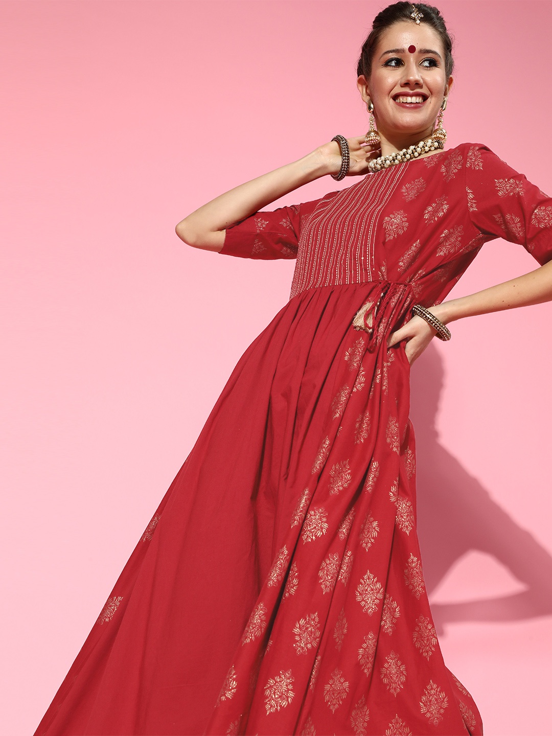 

HERE&NOW Women Red & Golden Cotton Ethnic Motifs Printed A-Line Kurta