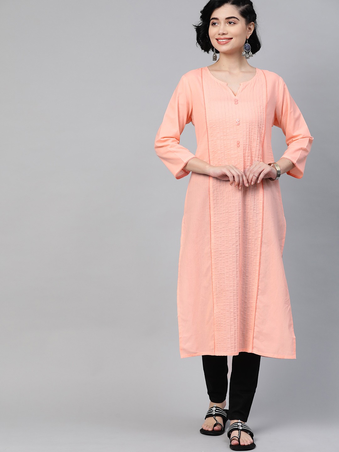 

HERE&NOW Women Peach Coloured Pure Cotton Solid Panelled Kurta