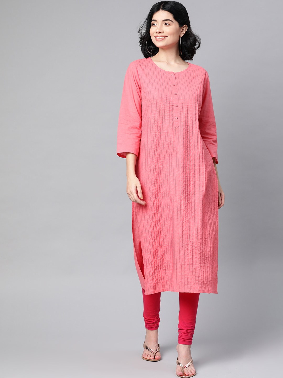 

HERE&NOW Women Pink Self-Striped Pure Cotton Straight Kurta