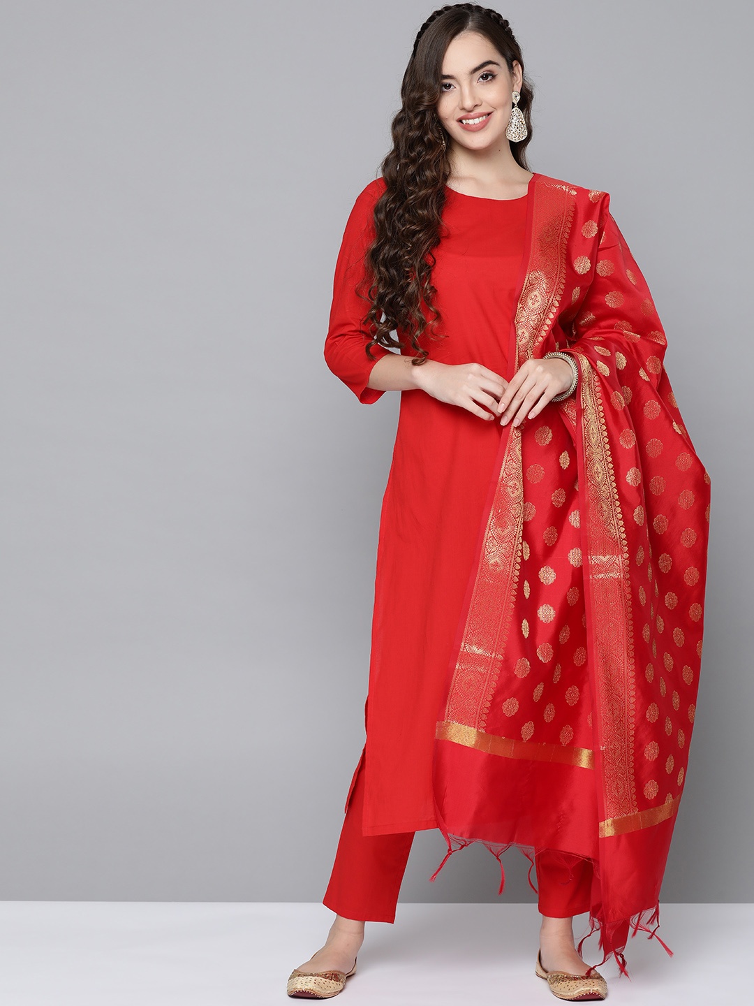 

HERE&NOW Women Red Pure Cotton Kurta with Trousers & With Dupatta