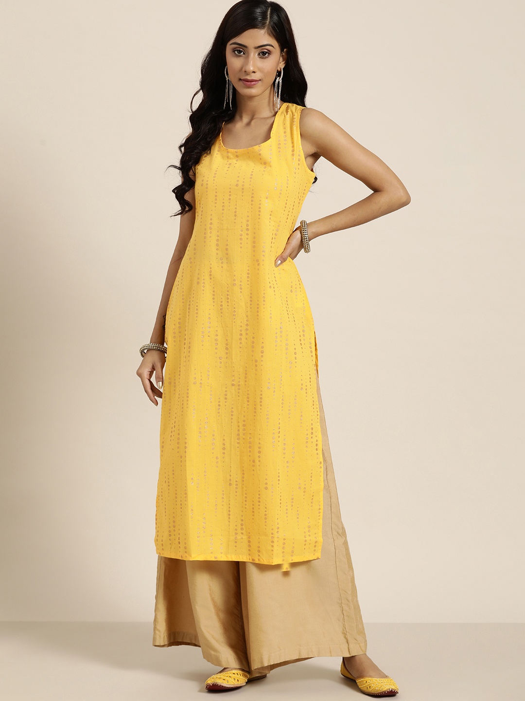 

Moda Rapido Women Yellow & Golden Geometric Printed Pure Cotton Kurta
