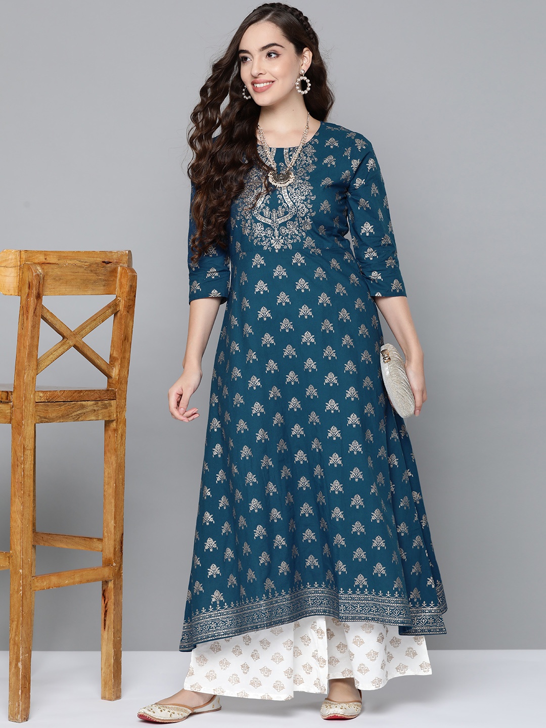 

HERE&NOW Women Teal Blue & Golden Printed Pure Cotton Kurta with Palazzos