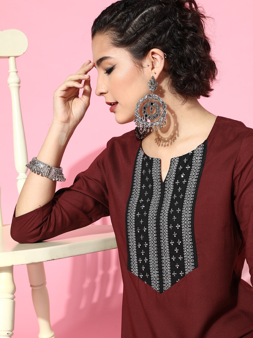 

Moda Rapido Women Maroon & Black Yoke Design Straight Kurta