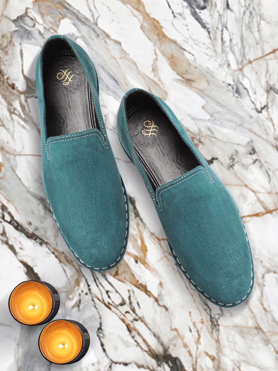 

House of Pataudi Men Teal Blue Suede Handcrafted Slip-On Sneakers