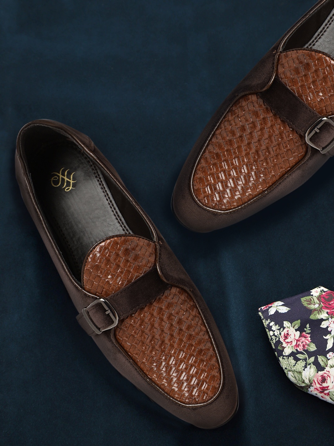 

House of Pataudi Men Brown Basketweave Textured Handcrafted Leather Loafers
