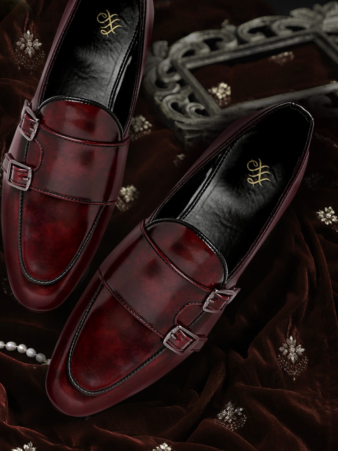 

House of Pataudi Men Burgundy Glossy Finish Handcrafted Leather Party Monk Shoes