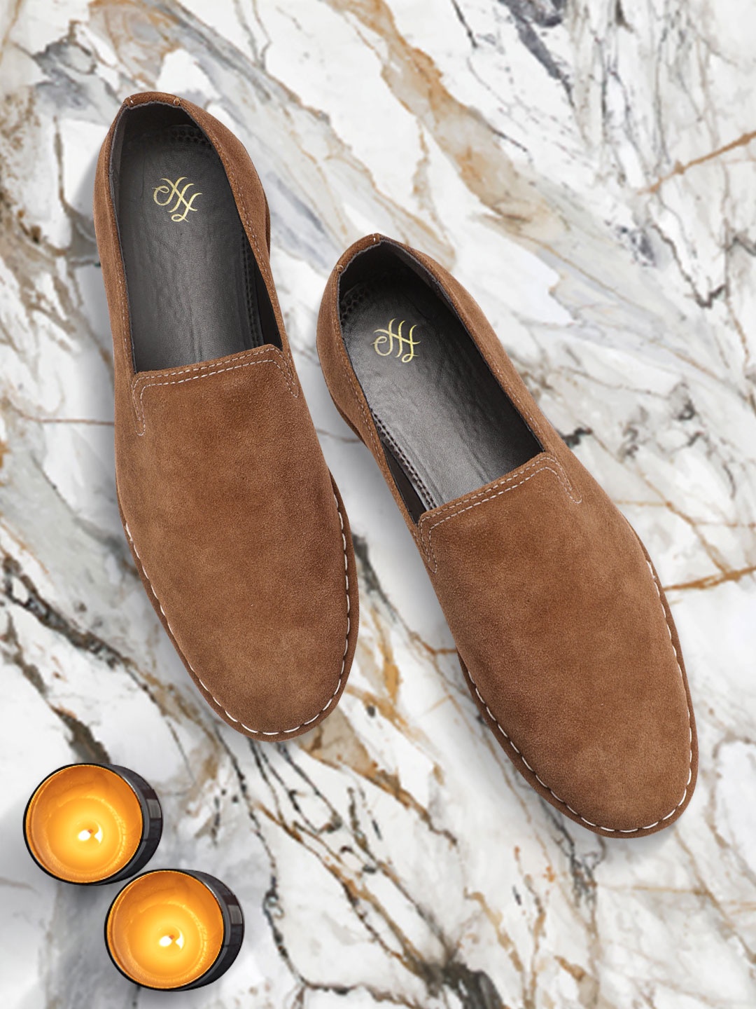 

House of Pataudi Men Brown Suede Handcrafted Slip-On Sneakers