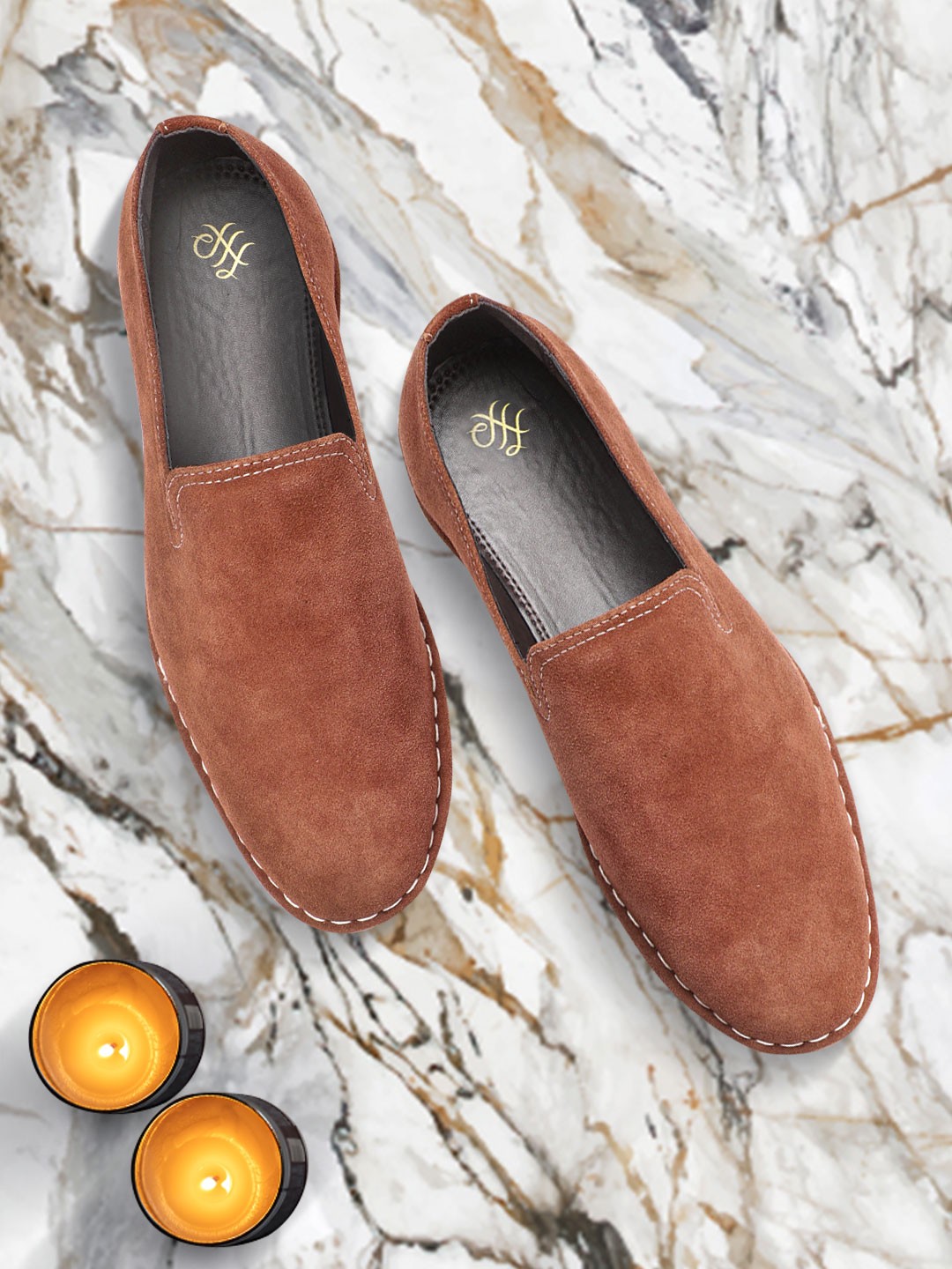 

House of Pataudi Men Rust Brown Suede Handcrafted Slip-On Sneakers