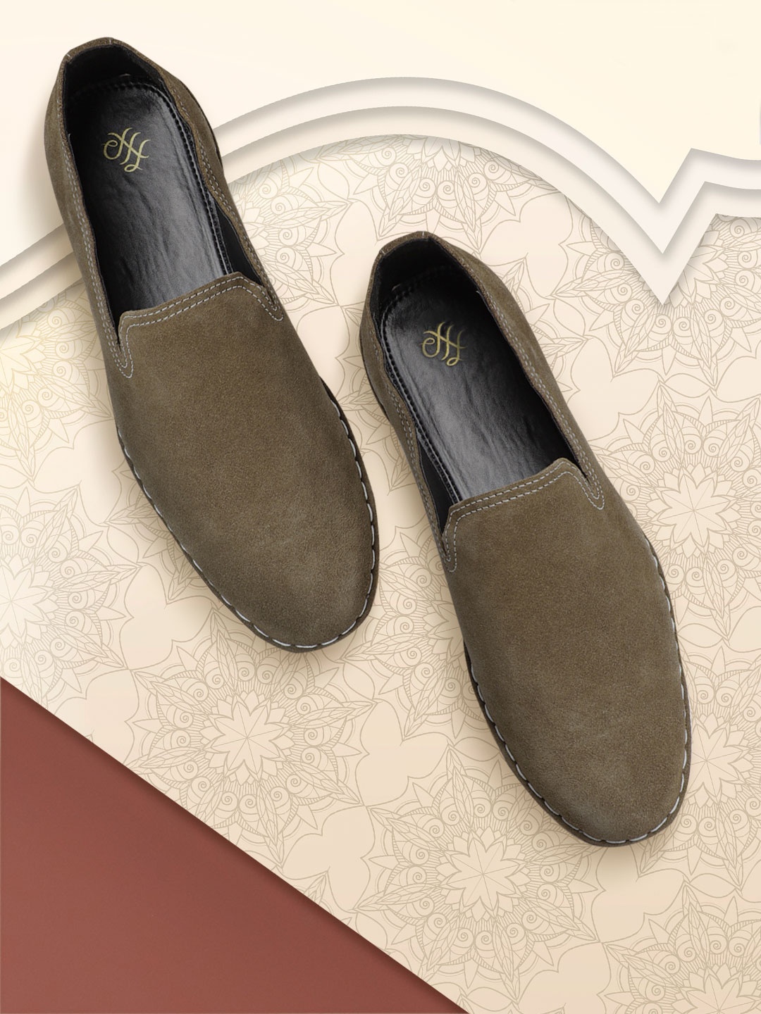 

House of Pataudi Men Olive Brown Suede Handcrafted Slip-On Sneakers