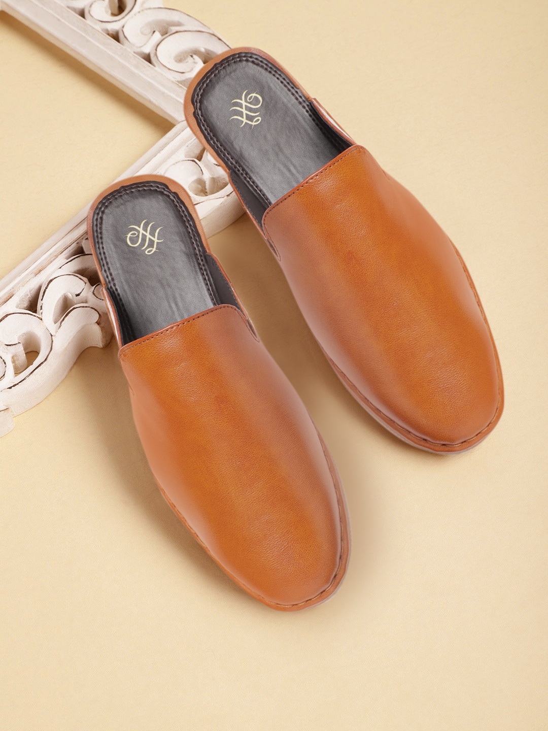 

House of Pataudi Men Tan Brown Leather Handcrafted Mules