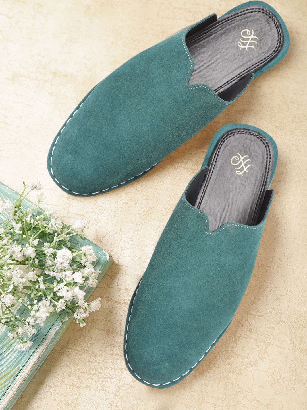 

House of Pataudi Men Sea Green Suede Handcrafted Mules