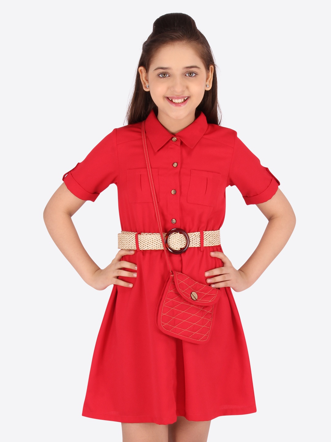 

CUTECUMBER Red Cotton Shirt Dress with Belt & Sling Bag