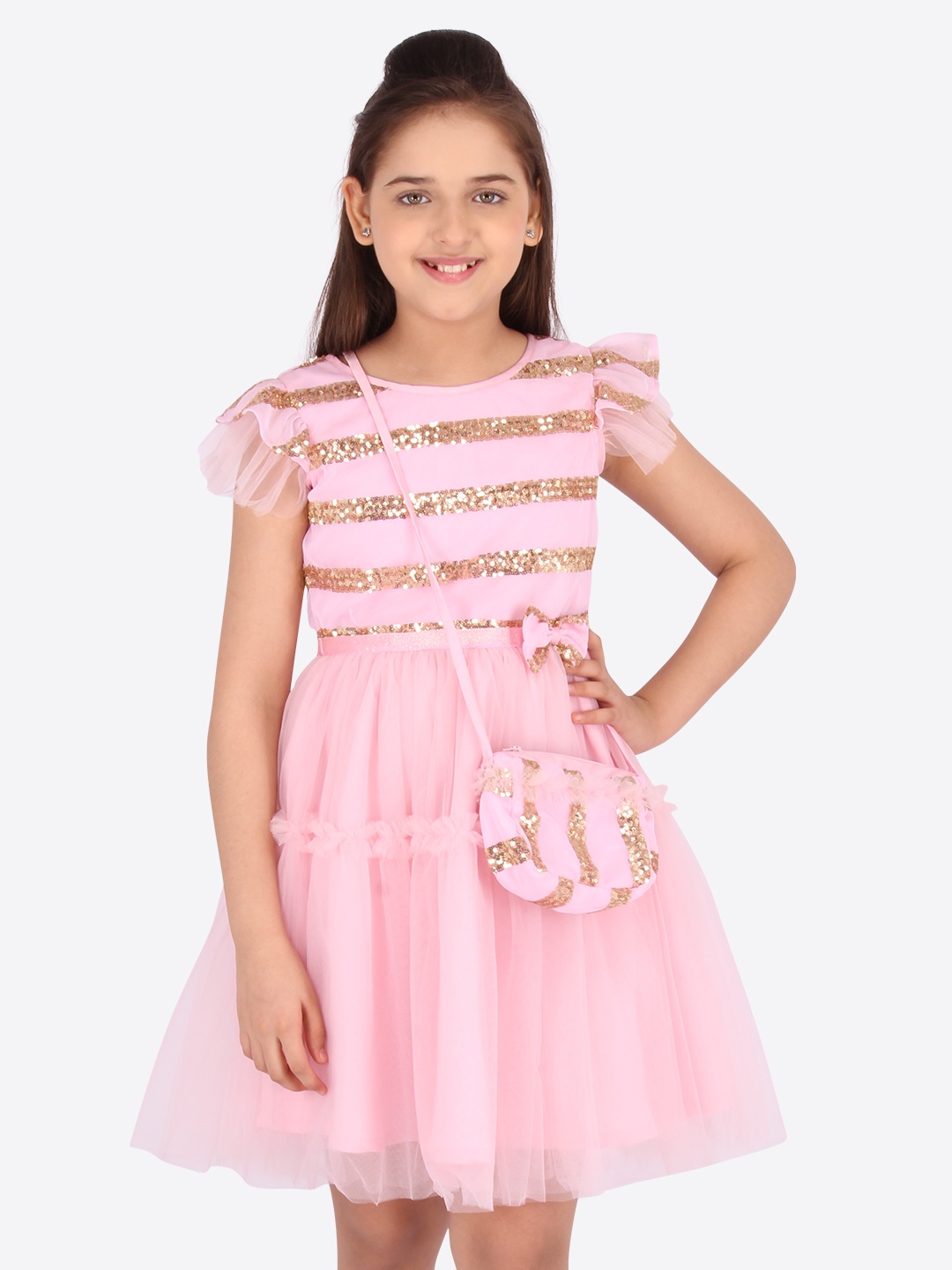 

CUTECUMBER Pink Sequin Embellished Net Dress