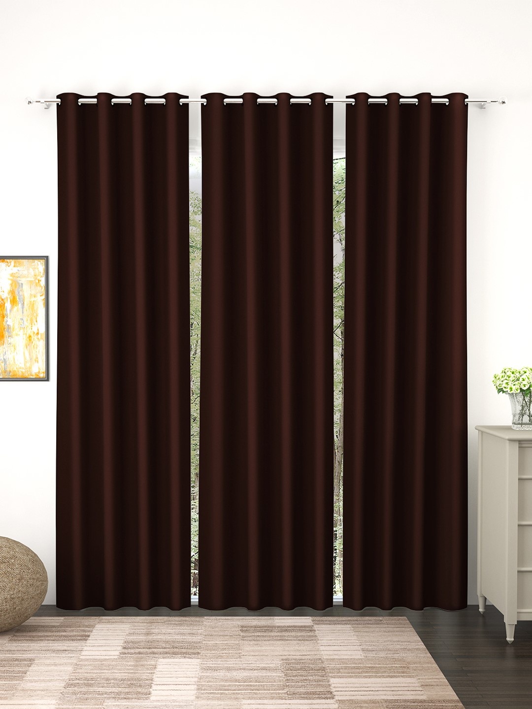 

Story@Home Faux Silk Solid 300GSM Dark Brown Room Darkening Blackout Door Curtain - Set of 3