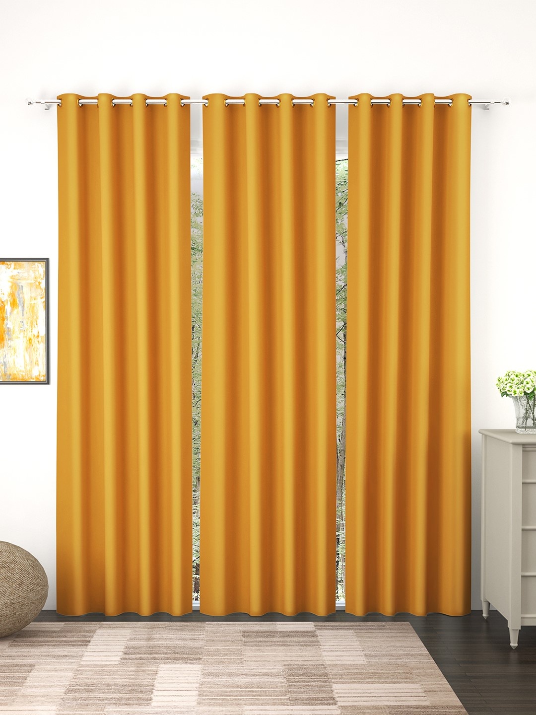 

Story@Home Faux Silk Solid Solid 300GSM Mustard Room Darkening Blackout Long Door Curtain - Set Of 3