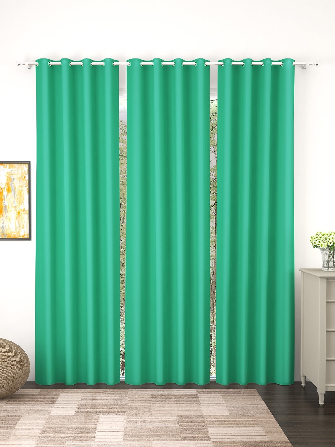 

Story@Home Faux Silk Solid Solid 300GSM Teal Room Darkening Blackout Long Door Curtain - Set Of 3, Green