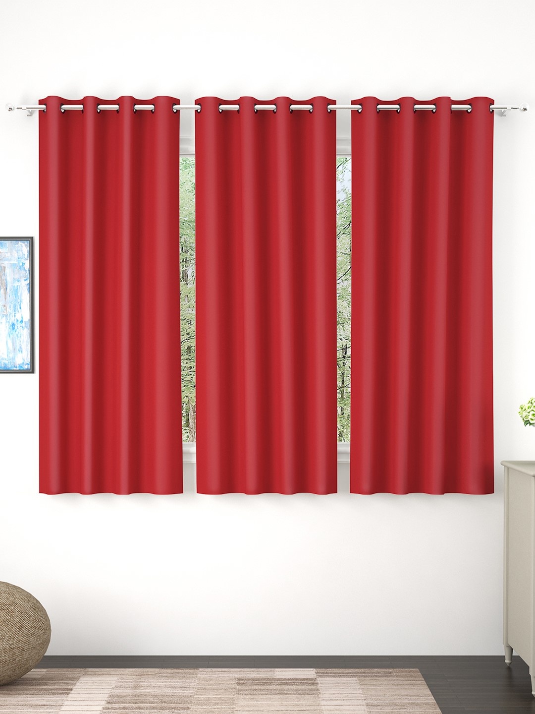 

Story@Home Faux Silk Solid Solid 300GSM Red Room Darkening Blackout Window Curtain - Set Of 3