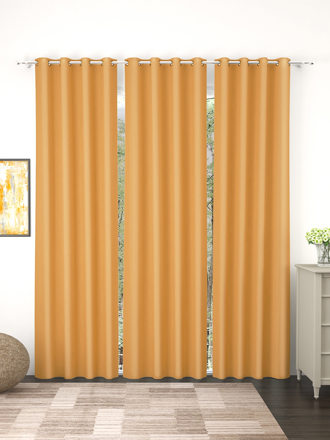 

Story@Home Faux Silk Solid 300GSM Mustard Room Darkening Blackout Door Curtain - Set of 3