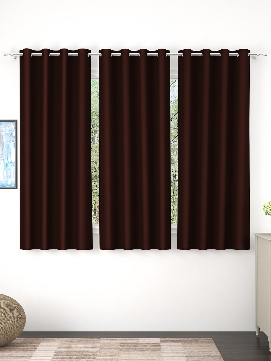 

Story@Home Faux Silk Solid Solid 300GSM Dark Brown Room Darkening Blackout Window Curtain - Set Of 3