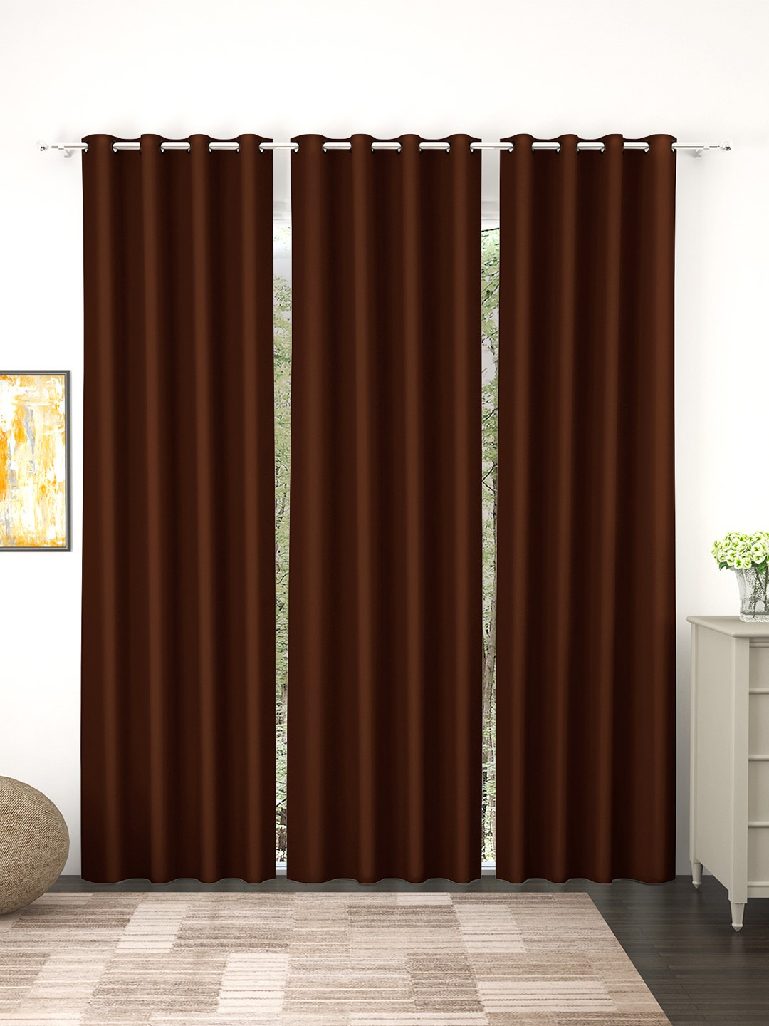 

Story@Home Faux Silk Solid 300GSM Brown Room Darkening Blackout Door Curtain - Set of 3