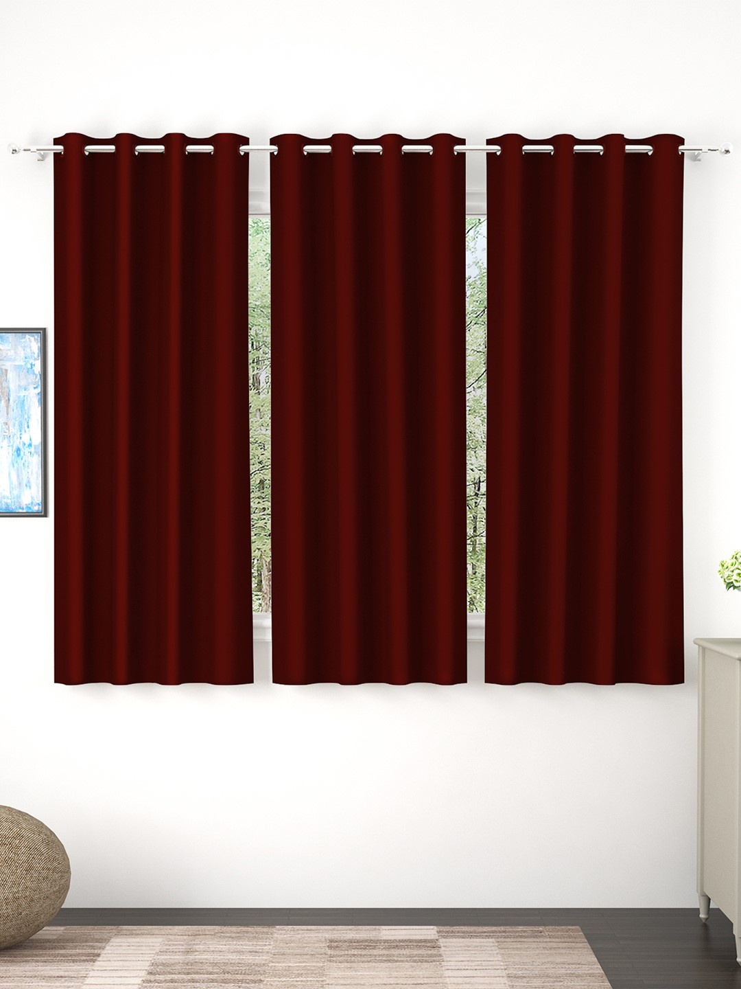 

Story@Home Faux Silk Solid Solid 300GSM Maroon Room Darkening Blackout Window Curtain - Set Of 3