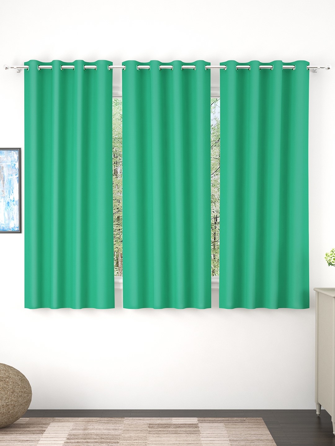 

Story@Home Faux Silk Solid Solid 300GSM Teal Room Darkening Blackout Window Curtain - Set Of 3, Green