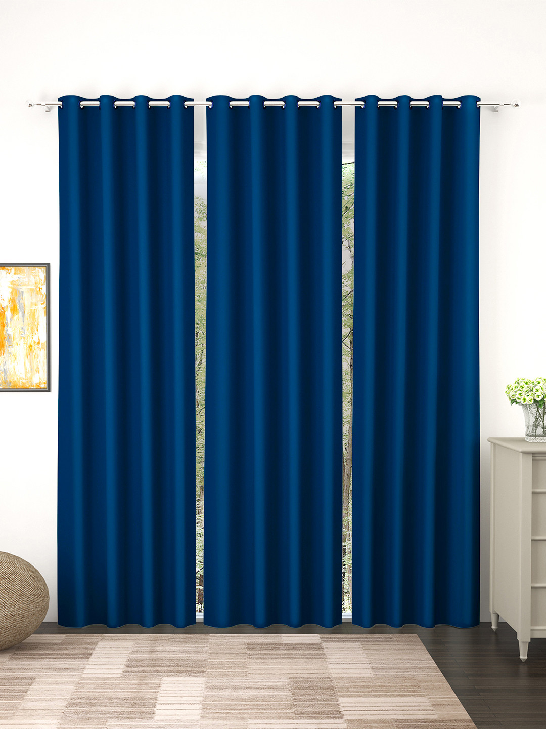 

Story@Home Faux Silk Solid Solid 300GSM Navy Blue Room Darkening Blackout Long Door Curtain - Set Of 3