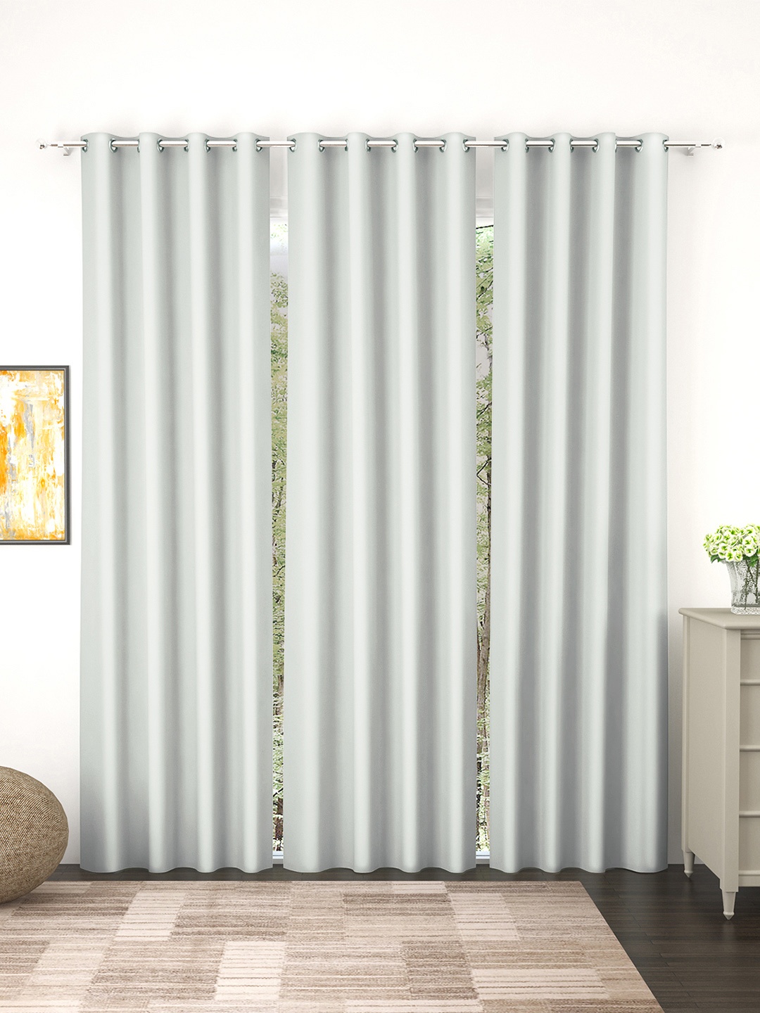 

Story@Home Faux Silk Solid Solid 300GSM Grey Room Darkening Blackout Long Door Curtain - Set Of 3