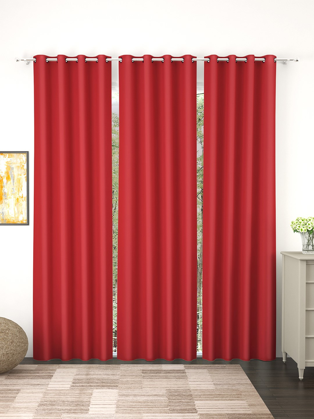 

Story@Home Faux Silk Solid Solid 300GSM Red Room Darkening Blackout Long Door Curtain - Set Of 3