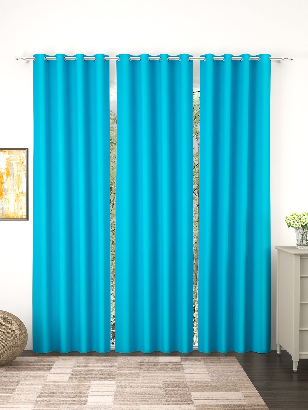 

Story@Home Faux Silk Solid 300GSM Ocean Blue Room Darkening Blackout Door Curtain - Set of 3, Turquoise blue