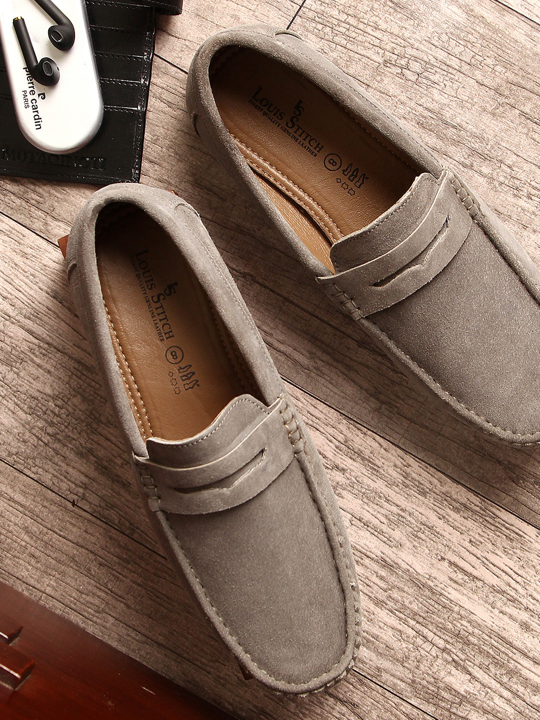 

LOUIS STITCH Men Classic Handmade Suede Driving Loafers, Grey