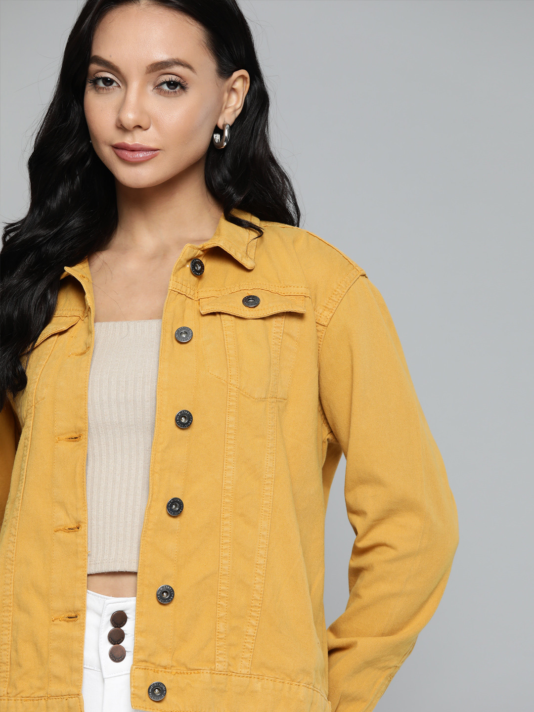 

Chemistry Women Mustard Yellow Overdyed Pure Cotton Denim Jacket