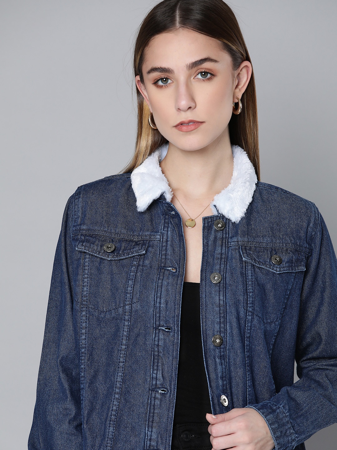 

Chemistry Women Navy Blue Pure Cotton Solid Denim Jacket