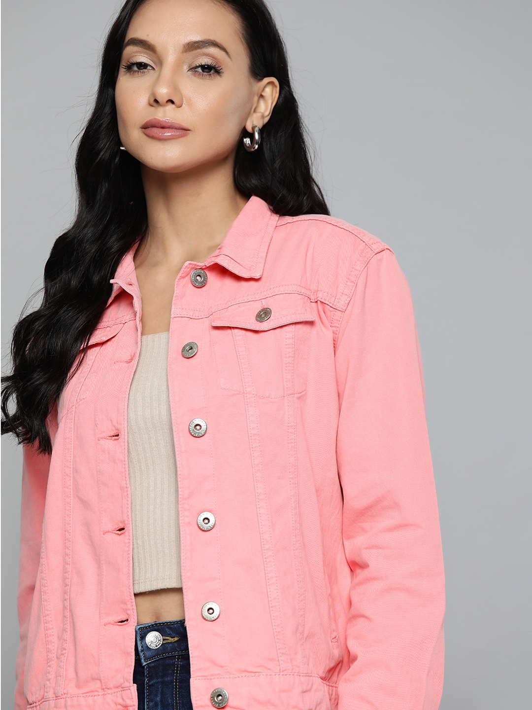 

Chemistry Women Pink Solid Overdyed Pure Cotton Denim Jacket