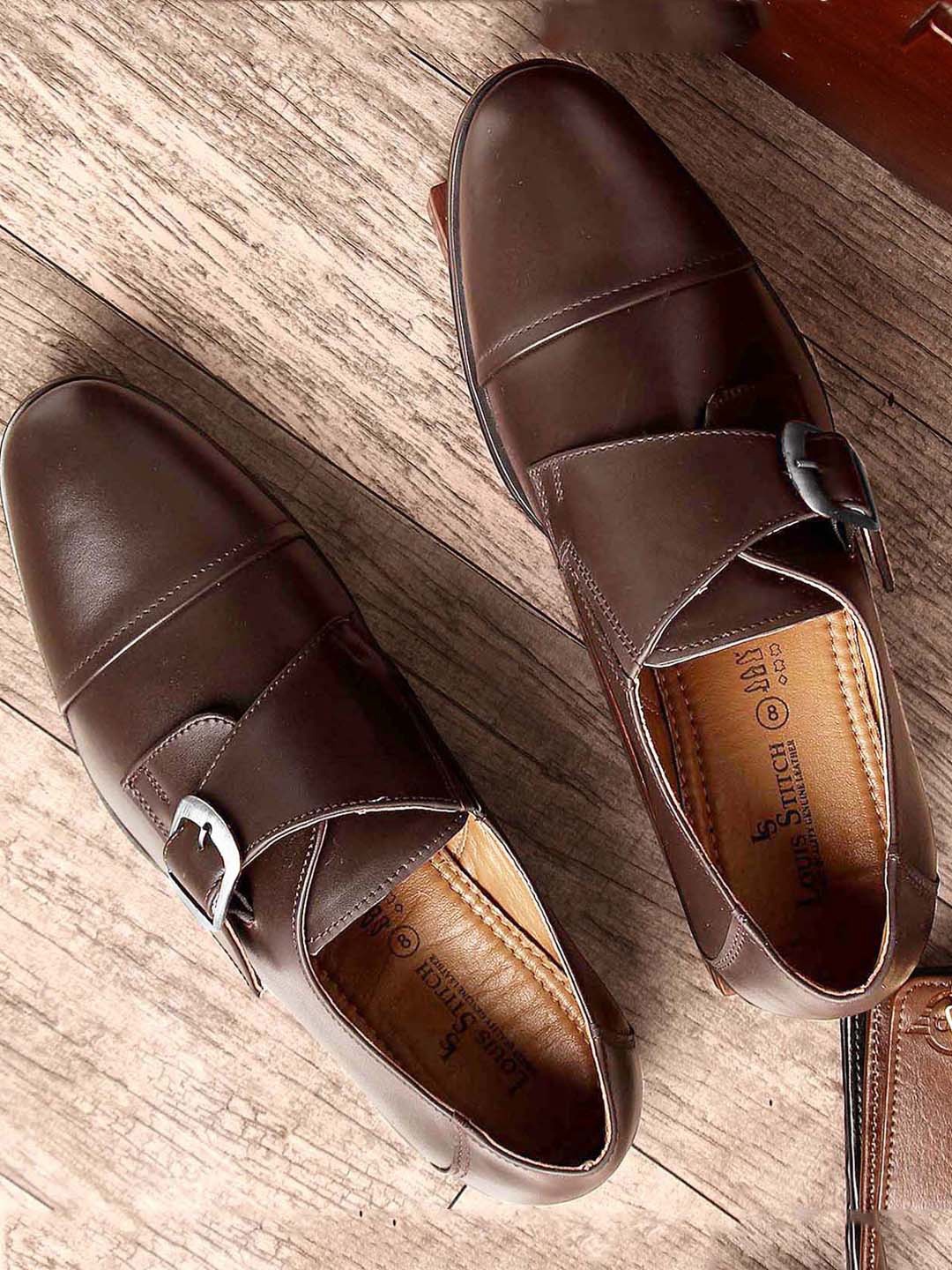 

LOUIS STITCH Men Russet Tan Solid Genuine Italian Leather Formal Monk Strap Shoes, Brown