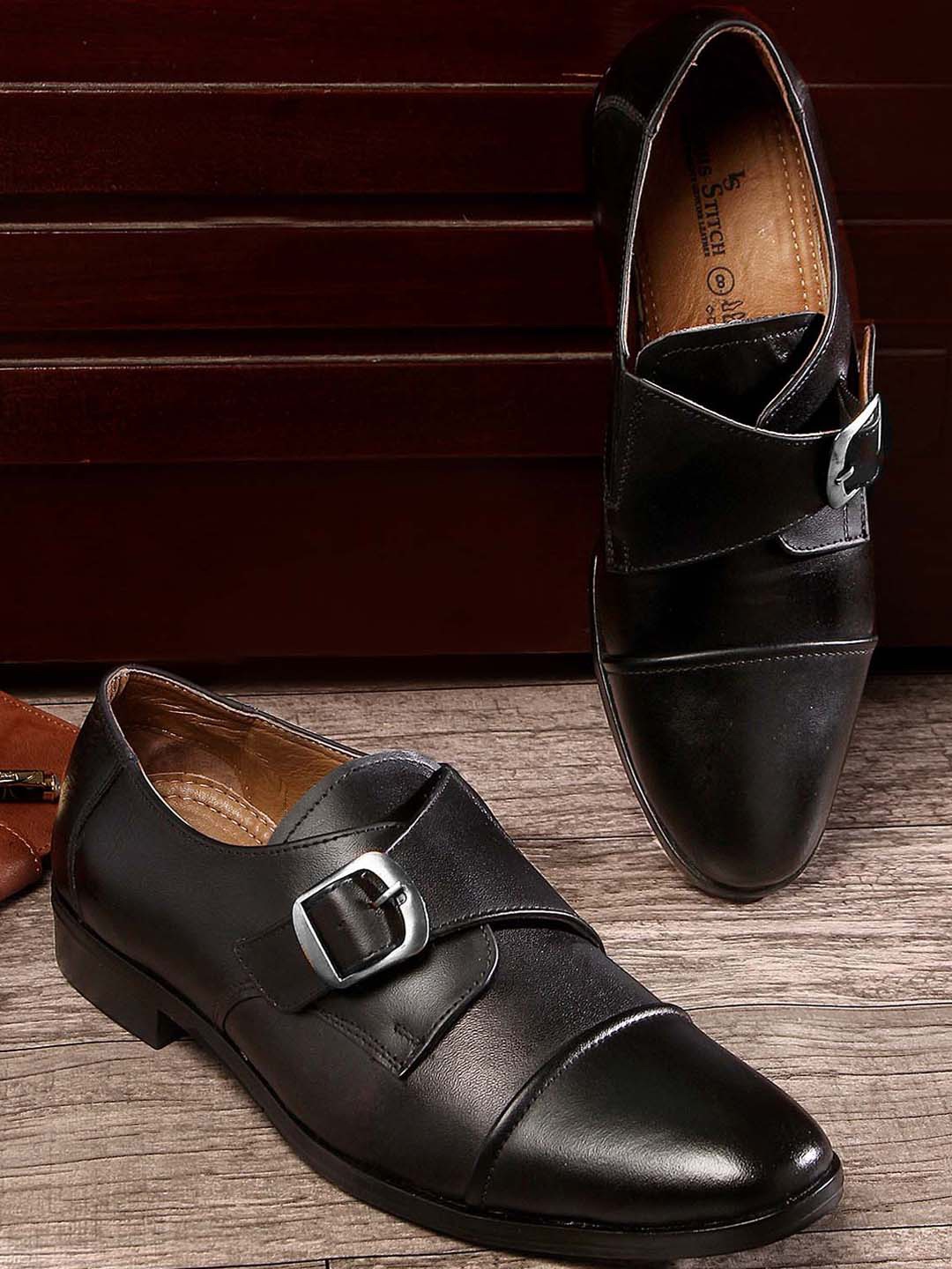 

LOUIS STITCH Men Black Solid Italian Leather Handcrafted Formal Monk Shoes