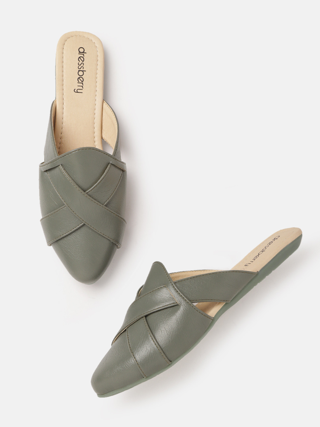 

DressBerry Women Olive Green Solid Mules