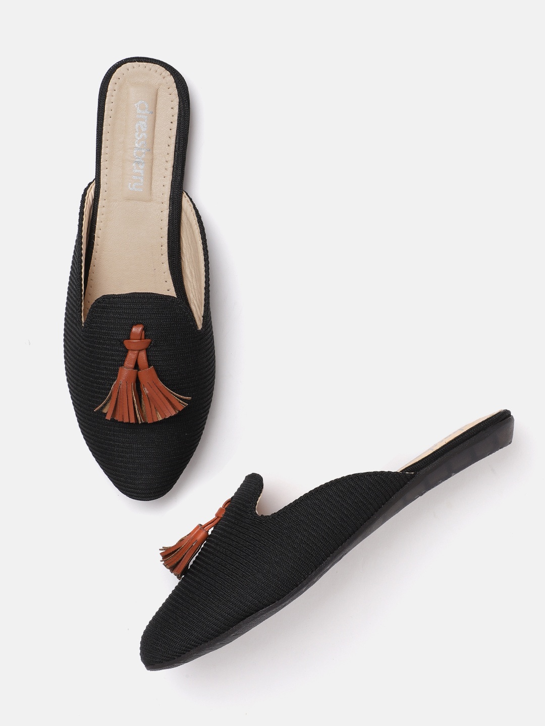 

DressBerry Women Black & Brown Woven Design Mules with Tasselled Detail