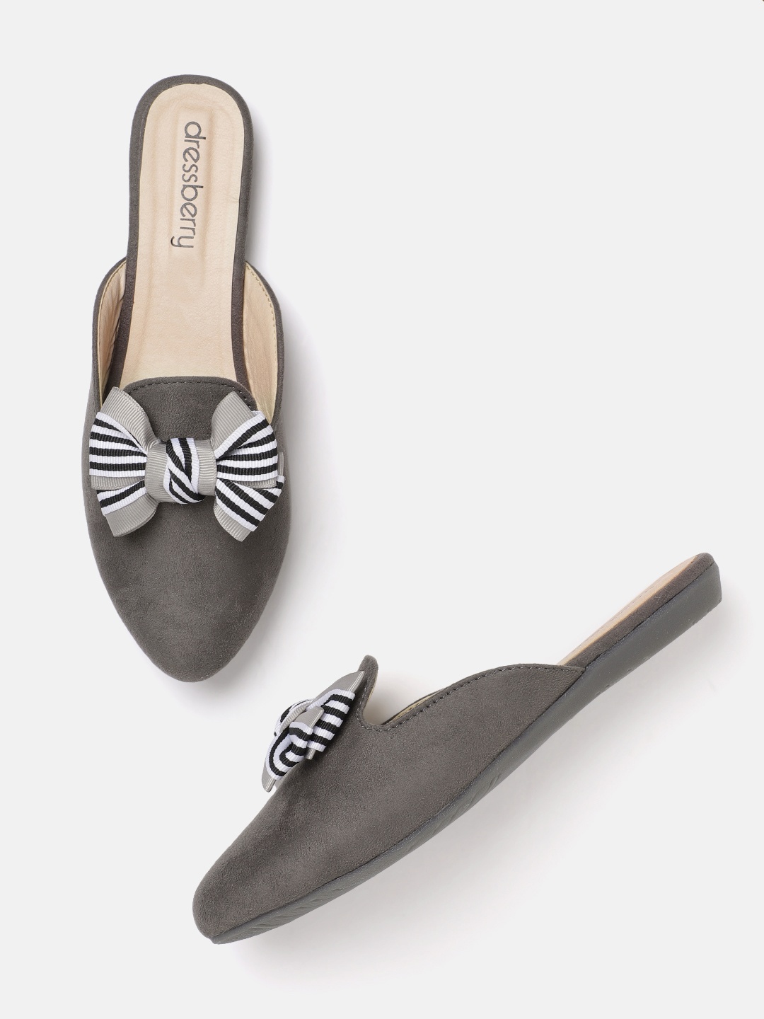 

DressBerry Women Charcoal Grey & Black Solid Suede Finish Mules with Striped Bow Detail