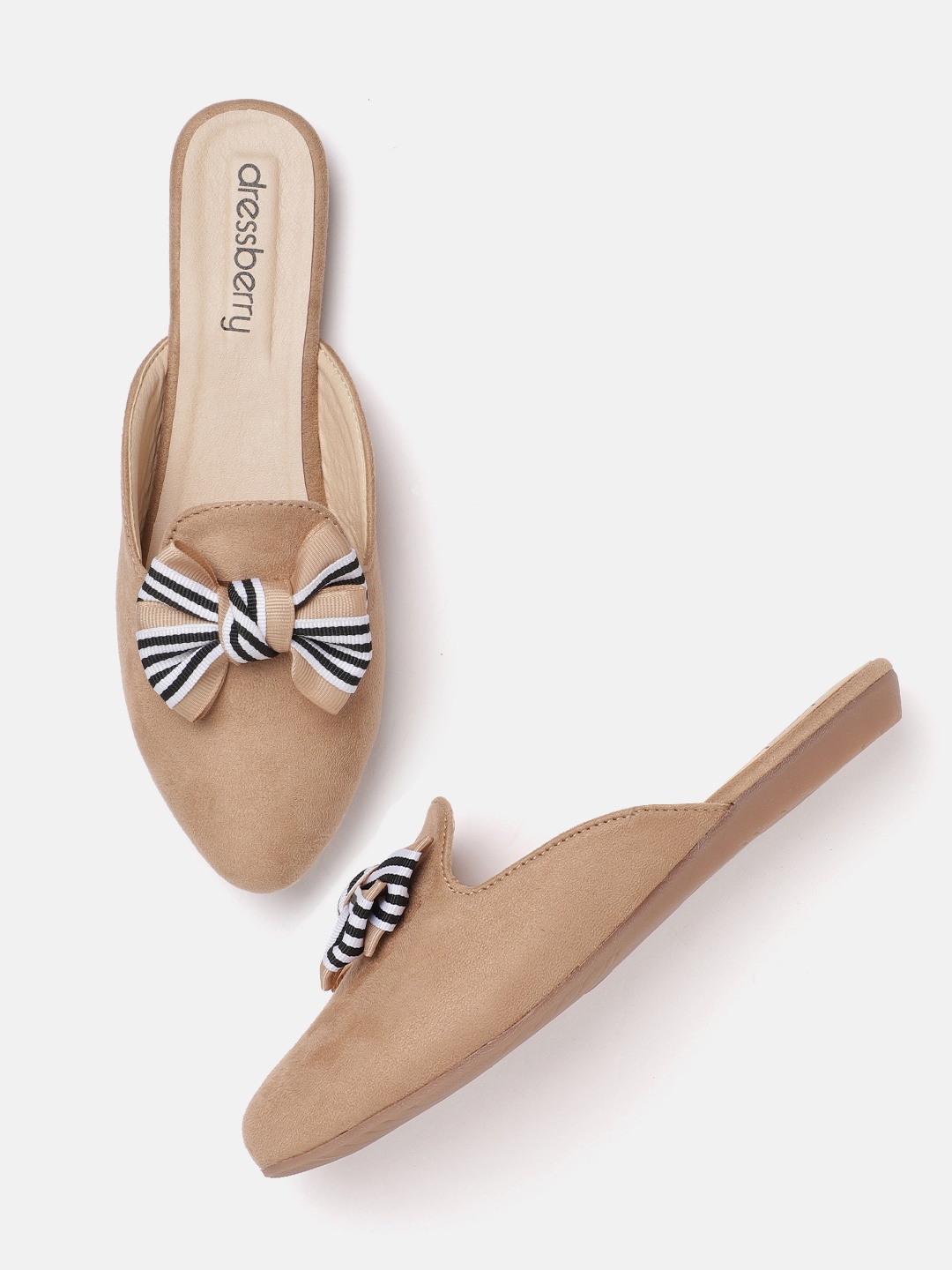 

DressBerry Women Beige & Black Solid Suede Finish Mules with Striped Bow Detail