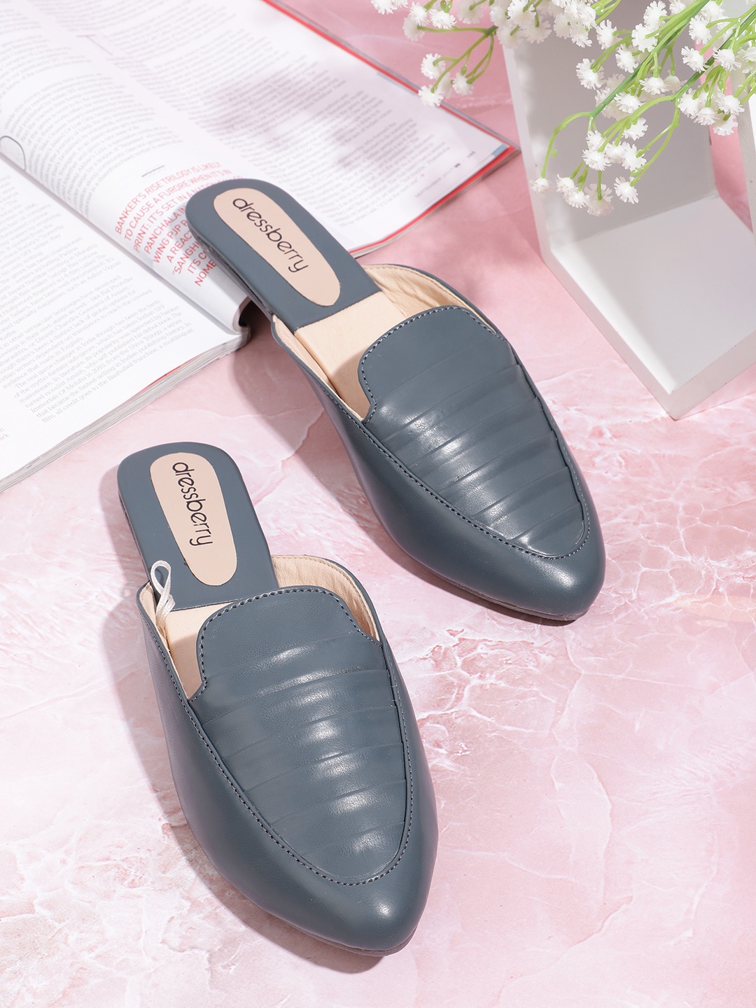 

DressBerry Women Teal Blue Self Striped Mules