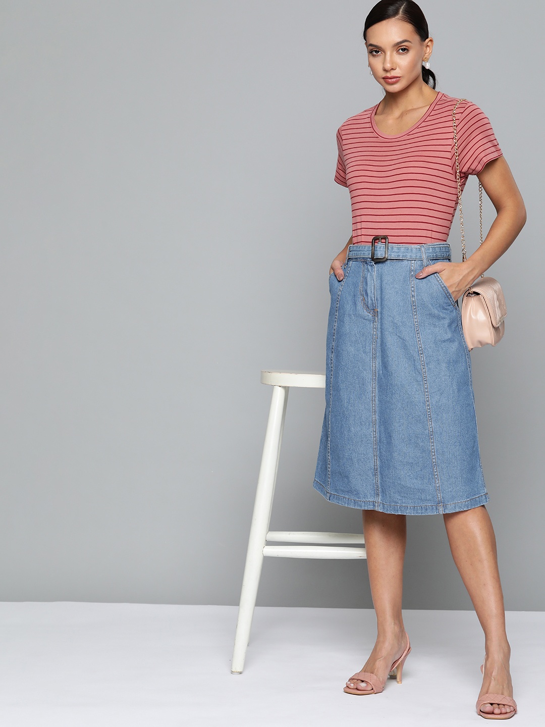 

Chemistry Women Blue Pure Cotton Denim A-Line Midi Skirt