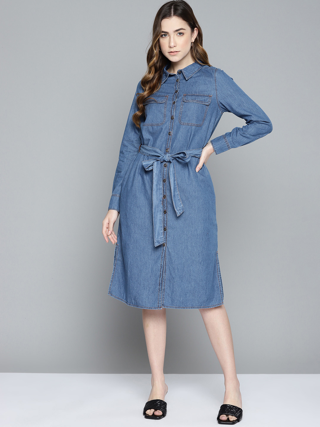 

Chemistry Blue Solid Denim Shirt Dress with Belt