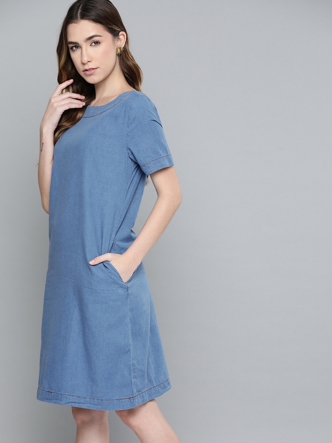 

Chemistry Women Blue Solid Denim Pure Cotton Shift Dress