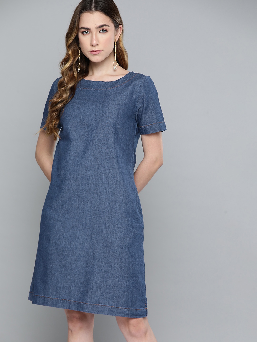 

Chemistry Women Navy Blue Solid Denim Pure Cotton T-Shirt Dress
