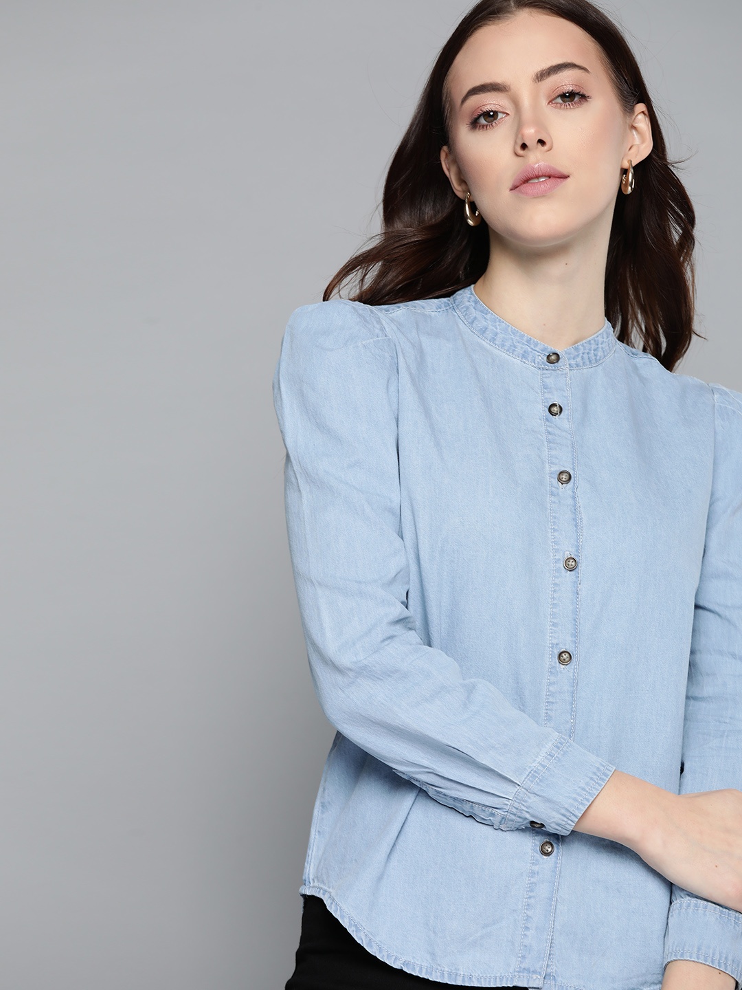 

Chemistry Women Blue Solid Pure Cotton Denim Shirt