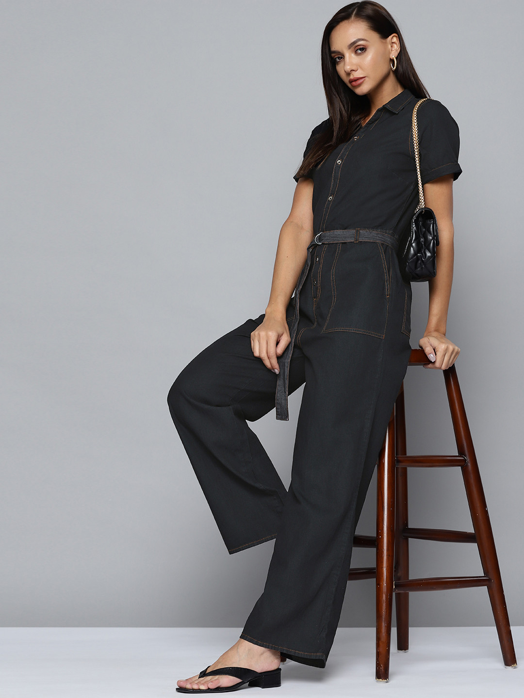 

Chemistry Black Solid Cotton Chambray Basic Jumpsuit With Belt
