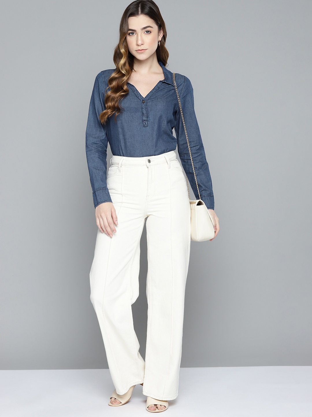 

Chemistry Blue Solid Pure Cotton Denim Shirt Style Top